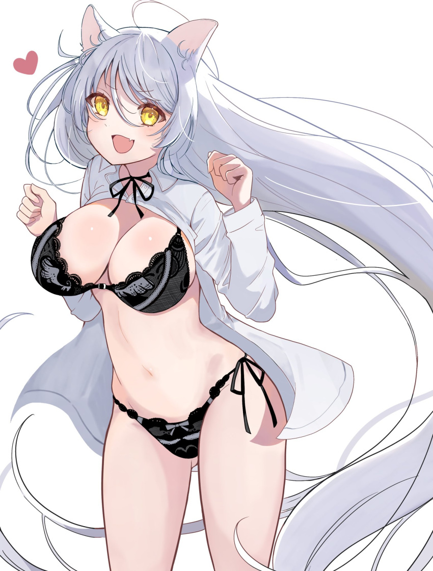 :d animal_ears bakeneko black_bra black_hanekawa black_panties bow bow_panties bra breasts cat_ears cat_girl commentary_request female hanekawa_tsubasa heart highres large_breasts lingerie long_hair looking_at_viewer monogatari_(series) navel no_pants oerba_yun_fang ohagi8623 open_clothes open_mouth panties shirt skin_fang smile solo underwear very_long_hair white_hair white_shirt yellow_eyes