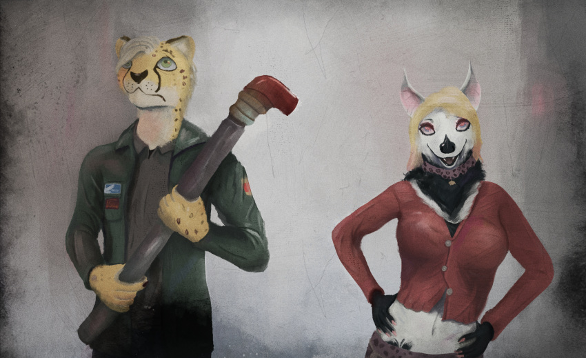 2024 5_fingers alternate_species anthro bat biped black_nose blonde_hair breasts cheetah clothed clothing digital_media_(artwork) duo felid feline female fingers green_eyes hair hand_on_hip hi_res holding_melee_weapon holding_object holding_pipe holding_weapon jacket james_sunderland_(silent_hill) konami leprzil male mammal maria_(silent_hill) melee_weapon mouth_closed nails open_mouth pipe pupils sharp_teeth silent_hill teeth topwear weapon white_sclera yellow_body