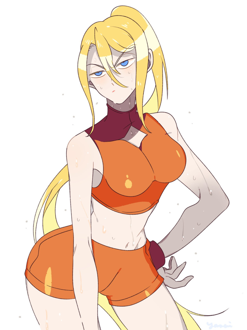 blonde_hair blue_eyes closed_mouth clothing_cutout female highres long_hair metroid navel orange_shirt orange_shorts ponytail samus_aran shirt shorts simple_background solo super_smash_bros. sweat very_long_hair white_background wristband yasaikakiage