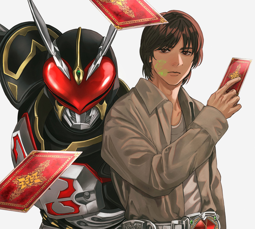 1boy aikawa_hajime antennae armor belt black_armor black_helmet blood blood_on_face blood_stain breastplate brown_coat brown_eyes brown_hair card coat collared_coat driver_(kamen_rider) forehead_jewel gem green_blood green_gemstone grey_armor heart helmet henshin_pose highres holding holding_card jewelry kamen_rider kamen_rider_blade_(series) kamen_rider_chalice long_sleeves mask red_visor sasakura34 serious shirt short_hair shoulder_armor simple_background sleeves_past_wrists undersuit white_background white_shirt