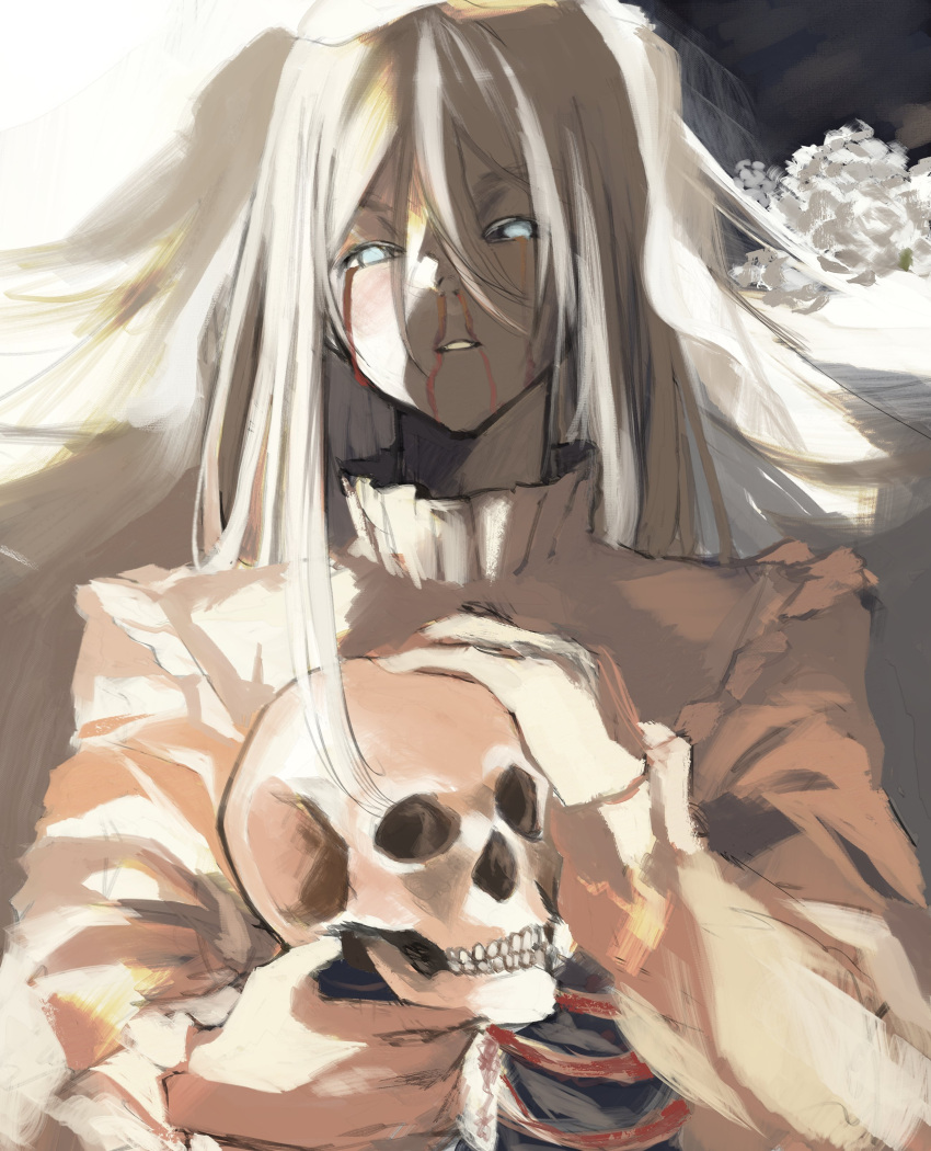 absurdres blonde_hair blood blood_from_mouth blood_on_face blue_eyes dress empty_eyes female flower hair_between_eyes highres holding holding_skull long_hair long_sleeves looking_at_viewer nosebleed otsggn parted_lips project_sekai ribs skull solo turtleneck upper_body veil white_dress white_flower white_hair yoisaki_kanade