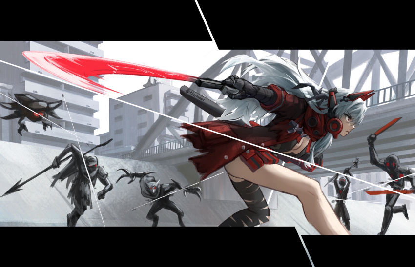 5others absurdres alpha_(pgr) bandaged_leg bandages black_bandages black_jacket black_shirt female grey_hair headgear headphones highres holding holding_polearm holding_sword holding_weapon humanoid_robot jacket katana khyradon long_hair lucia:_crimson_abyss_(pgr) mechanical_arms multiple_others open_clothes open_shirt polearm pouch punishing:_gray_raven red_eyes red_jacket robot shirt spear sword weapon