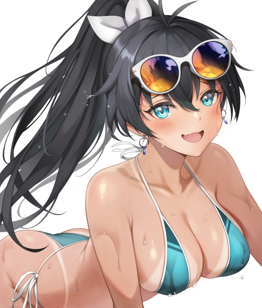 absurdres antenna_hair ass bare_shoulders bikini bikini_tan black_hair blue_bikini blue_eyes blush breasts cleavage earrings eyewear_on_head female ganaha_hibiki hair_ribbon high_ponytail highres hoop_earrings idolmaster idolmaster_(classic) idolmaster_million_live! idolmaster_million_live!_theater_days jewelry long_hair looking_at_viewer machi_(machi333) oerba_yun_fang open_mouth ponytail ribbon side-tie_bikini_bottom skin_fang smile solo sweat swimsuit tan tanlines