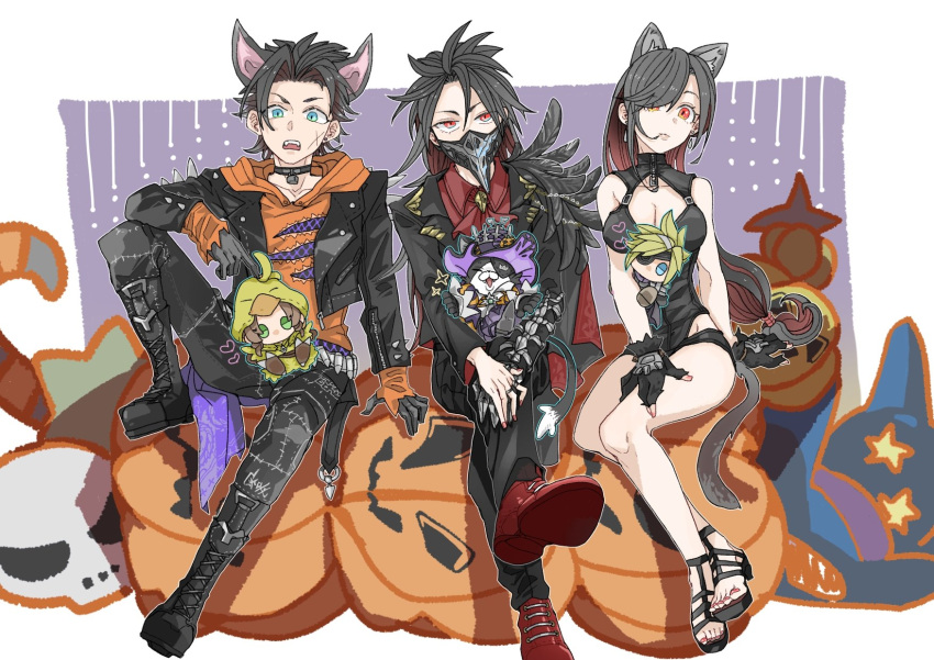 2girls 3boys aerith_gainsborough aerith_gainsborough_(chocobo_suit) alternate_costume animal_ears bare_shoulders black_choker black_gloves black_hair black_jacket black_leotard black_pants blonde_hair blue_eyes breasts brown_hair cait_sith_(final_fantasy) cat_ears cat_tail chibi choker cleavage closed_mouth cloud_strife cloud_strife_(bandaged_coat) collared_shirt commentary_request cross_scar earrings final_fantasy final_fantasy_vii final_fantasy_vii_ever_crisis fingerless_gloves full_body gloves green_eyes halloween halloween_costume highres hood hood_down hoodie jacket jewelry leotard long_hair looking_at_viewer mask medium_breasts mini_person miniboy minigirl mouth_mask multiple_boys multiple_girls nail_polish official_alternate_costume open_mouth orange_hoodie oshibainoticket pants parted_bangs pumpkin red_eyes red_footwear red_nails red_shirt sandals scar scar_on_cheek scar_on_face shirt short_hair sitting skull sparkle spiked_hair star_(symbol) swept_bangs tail tifa_lockhart toenail_polish toenails toes vincent_valentine vincent_valentine_(crowmaster_suit) wolf_ears zack_fair zack_fair_(black_hound)