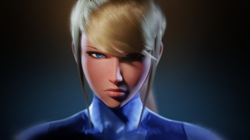 blonde_hair blue_eyes close-up frown lips looking_at_viewer metroid samus_aran scrag_boy sidelocks zero_suit zero_suit_samus