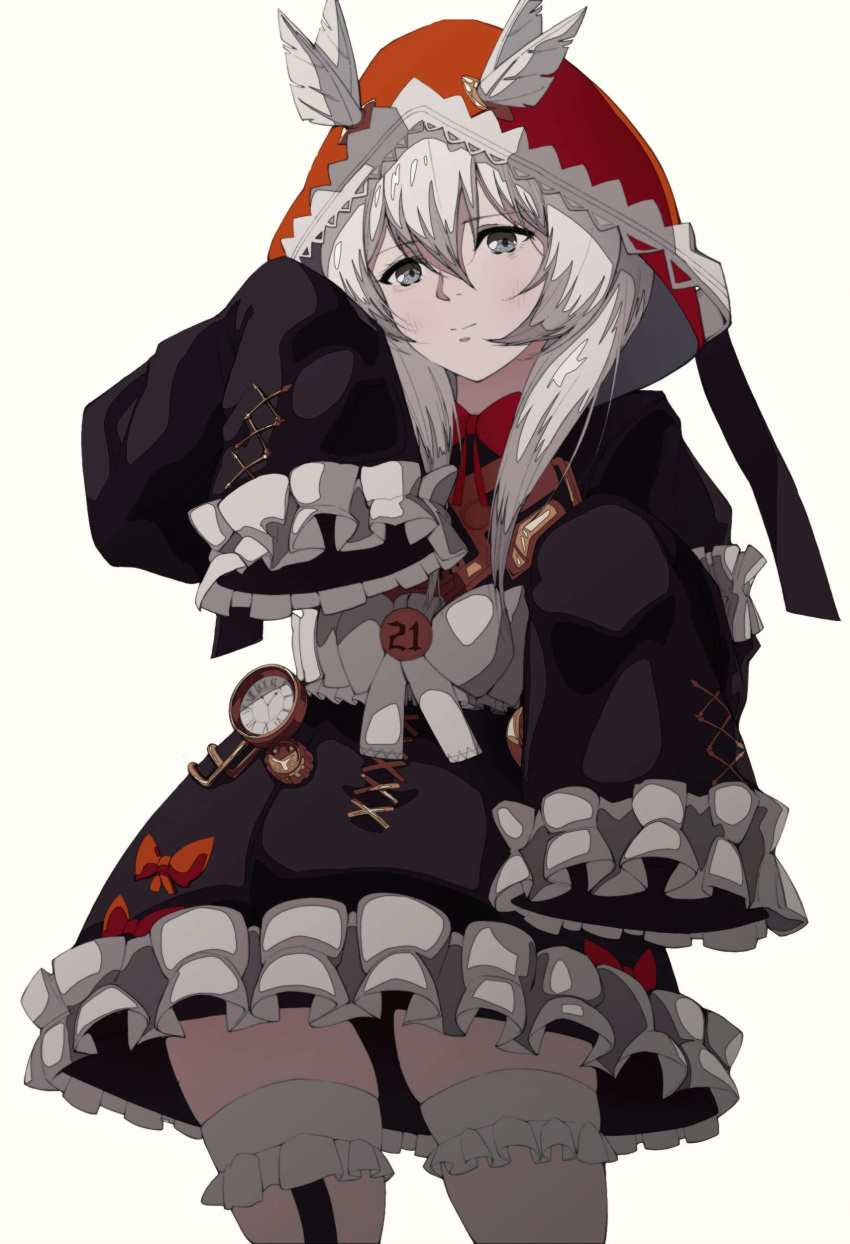 absurdres black_dress bow compass dress female frilled_hood frilled_sleeves frills grey_eyes grey_hair grey_hood hair_between_eyes hat_feather highres hood no._21:_xxi_(red_hoodie)_(pgr) no._21_(pgr) punishing:_gray_raven red_bow red_hood sidelocks sleeves_past_fingers sleeves_past_wrists solo suspender_pants two-sided_hood wanlai_bu_shiman white_background