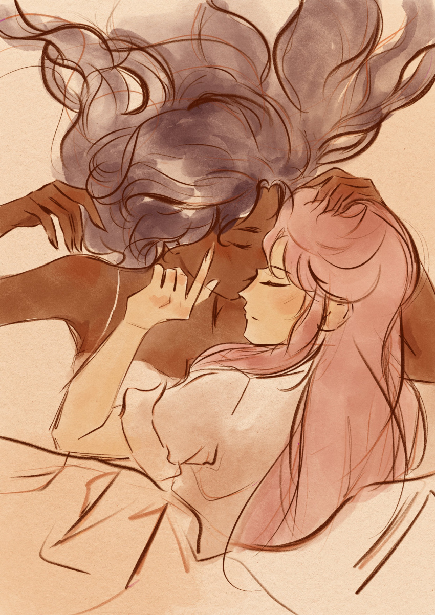 2girls absurdres bare_arms blush commentary cuddling dark-skinned_female dark_skin dress english_commentary hand_on_another's_head highres himemiya_anthy lazuilis long_hair multiple_girls pink_hair purple_hair shoujo_kakumei_utena sleeping sleeping_on_person tenjou_utena white_dress yuri