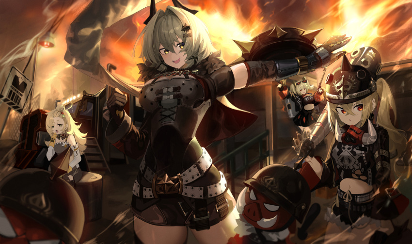 4girls bangboo_(zenless_zone_zero) baseball_bat black_dress black_horns black_jacket black_shorts blonde_hair breasts burnice_white caesar_king_(zenless_zone_zero) crop_top dress eyewear_on_head fire flamethrower fur-trimmed_jacket fur_trim gloves green_eyes green_hair hair_ornament helmet highres holding holding_baseball_bat holding_flamethrower horns jacket large_breasts long_hair luciana_de_montefio medium_breasts midriff motor_vehicle multiple_girls nn11 outdoors piper_wheel prosthesis prosthetic_arm red_eyes shield short_hair shorts small_breasts thighs truck twintails weapon yellow_eyes yellow_gloves zenless_zone_zero