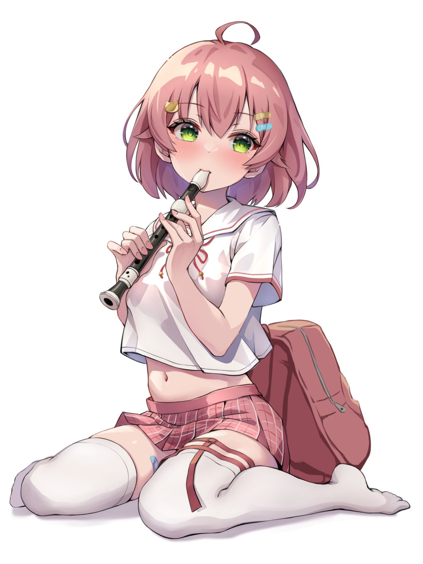 ahoge backpack bag blush female flute full_body green_eyes hair_ornament hairclip highres holding holding_flute holding_instrument hololive instrument looking_at_viewer midriff_peek mouth_hold navel official_alternate_costume pink_hair pink_skirt recorder sakura_miko school_uniform shirt sitting skirt solo thigh_strap thighhighs tmo-cat virtual_youtuber wariza white_shirt white_thighhighs