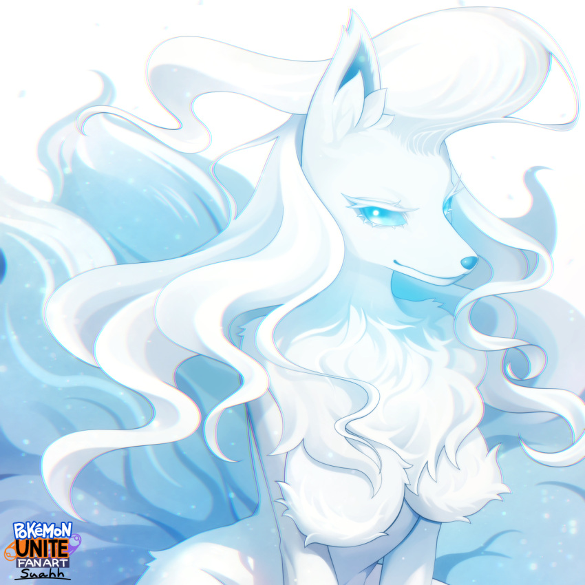 alolan_ninetales animal_ear_fluff animal_ears animal_nose artist_name blue_eyes body_fur breasts chromatic_aberration closed_mouth colored_eyelashes commentary_request completely_nude copyright_name english_commentary english_text female fluffy fox_ears fox_girl fox_tail furry furry_female highres large_breasts logo long_hair looking_at_viewer mixed-language_commentary multiple_tails neck_fur no_nipples nude partial_commentary personification pokemon pokemon_(creature) pokemon_unite signature simple_background snout solo suahh tail white_background white_fur white_hair