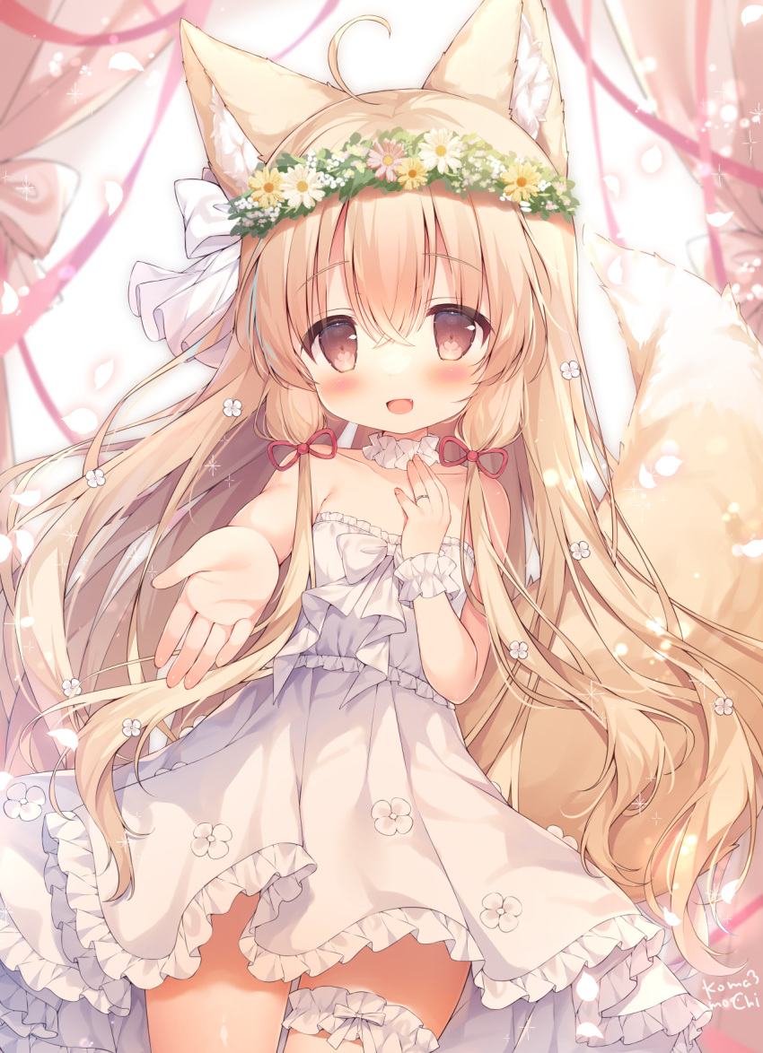 :d ahoge animal_ear_fluff animal_ears bare_arms bare_shoulders blonde_hair blush breasts bridal_garter brown_eyes brown_hair collar collarbone commentary cowboy_shot dress female flower fox_ears fox_girl fox_tail frilled_collar frilled_dress frills hand_on_own_chest head_wreath highres jewelry large_tail long_hair looking_at_viewer momozu_komamochi open_mouth original outstretched_arm outstretched_hand reaching reaching_towards_viewer ribbon ring scrunchie signature small_breasts smile solo standing strapless strapless_dress sundress symbol-only_commentary tail very_long_hair wedding_ring white_collar white_dress white_scrunchie wrist_scrunchie