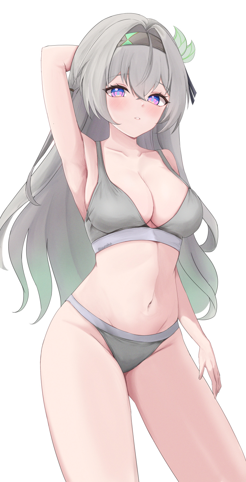 absurdres arm_up armpits blue_pupils bra breasts cleavage female firefly_(honkai:_star_rail) grey_bra grey_hair grey_hairband grey_panties hairband highres honkai:_star_rail honkai_(series) izumiillus large_breasts long_hair navel panties parted_lips purple_eyes simple_background solo underwear white_background