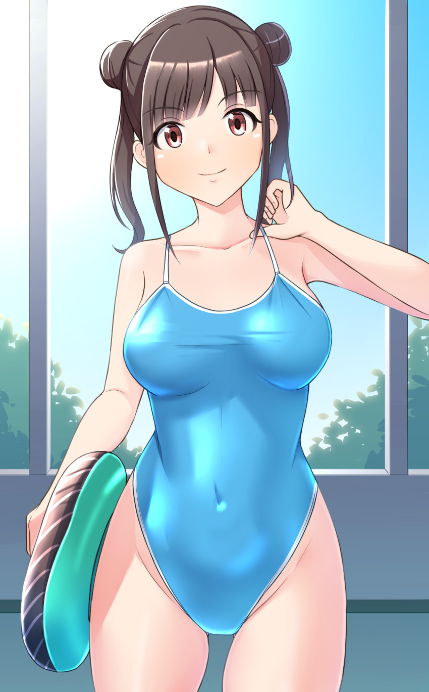 aqua_one-piece_swimsuit black_hair breasts brown_eyes commentary_request competition_swimsuit covered_navel double_bun female groin hair_bun highleg highleg_one-piece_swimsuit highres idolmaster idolmaster_shiny_colors kickboard medium_breasts one-piece_swimsuit short_hair sidelocks solo sonoda_chiyoko swimsuit thames3