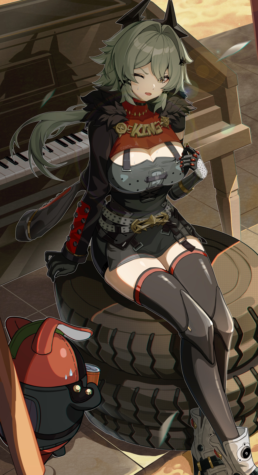 absurdres bangboo_(zenless_zone_zero) black_gloves black_jacket black_thighhighs blush breasts bupa_chila caesar_king_(zenless_zone_zero) cleavage female fur_trim gloves grand_piano green_hair hair_between_eyes hair_intakes hair_ornament highres horns instrument jacket large_breasts long_hair looking_at_viewer one_eye_closed open_mouth piano sitting smile solo sweat thighhighs thighs tire yellow_eyes zenless_zone_zero