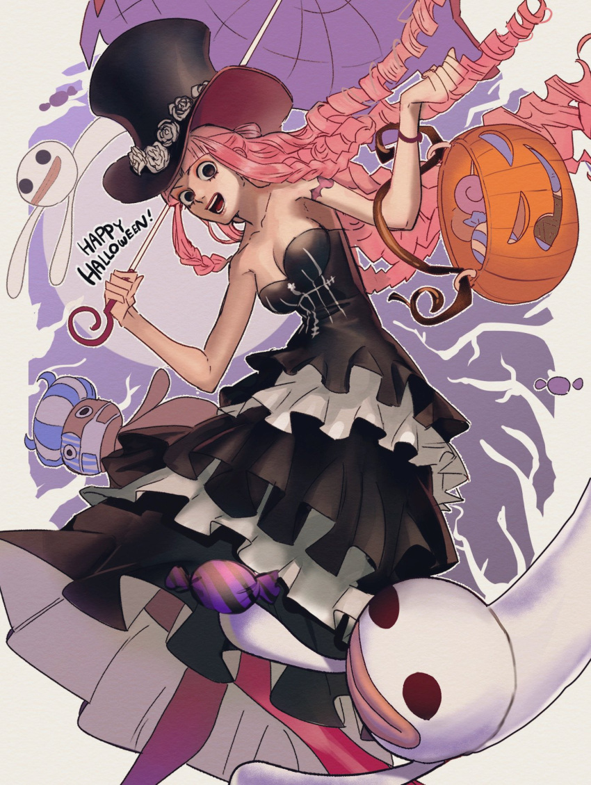 arm_tattoo bat_tattoo black_dress black_eyes blunt_bangs braided_sidelock candy commentary dress drill_hair female flower food frilled_dress frills ghost hair_bun happy_halloween hat hat_flower highres holding holding_umbrella kumacy long_hair looking_at_viewer mask mouth_mask one_piece open_mouth perona pink_hair rose simple_background smile strapless strapless_dress tattoo tentaro_en umbrella white_background white_dress white_flower white_rose