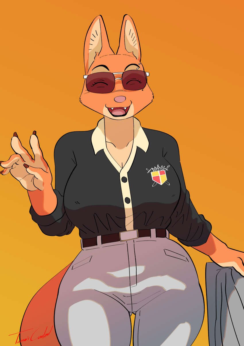 absurd_res big_breasts bottomwear breasts clothing denim denim_bottomwear denim_clothing diane_foxington dreamworks eyewear female glasses hi_res jeans pants polo_shirt shirt smile solo sunglasses the_bad_guys thick_thighs toonarscontent topwear wearing_glasses wide_hips