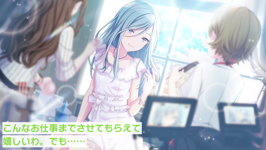 3girls blue_eyes blue_hair brown_hair camera colorful_palette cosmetics dress hair_between_eyes highres hinomori_shizuku jewelry light_blue_hair lipstick_tube long_hair looking_at_viewer mole multiple_girls necklace official_art pearl_necklace project_sekai short_hair short_sleeves smile solo_focus source_request translated white_dress