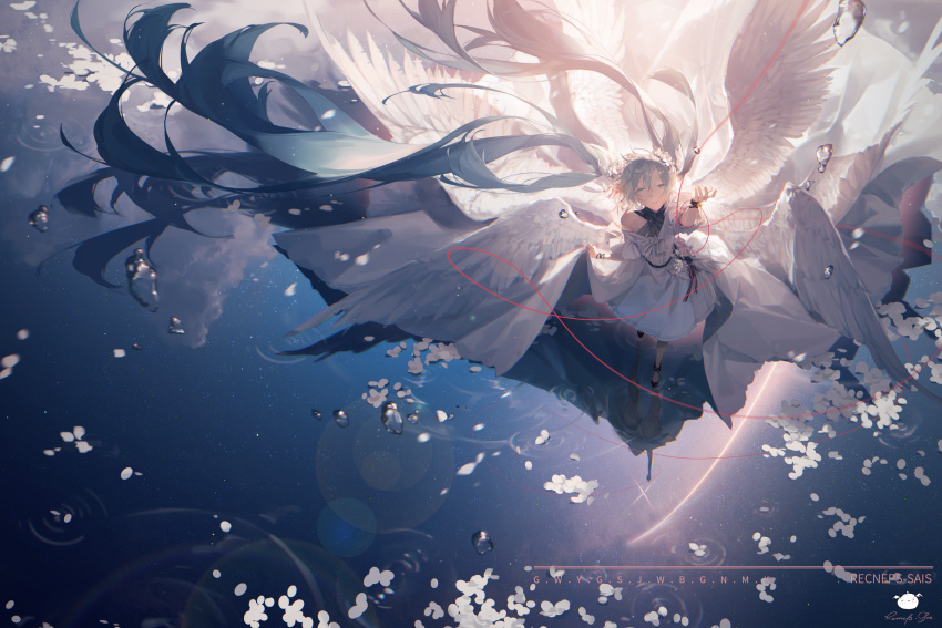 absurdly_long_hair artist_name backwards_text black_footwear closed_mouth commentary_request dress feathered_wings female floating_hair flower from_above from_y_to_y_(vocaloid) hand_up hatsune_miku highres long_hair looking_at_viewer looking_up multiple_wings reflection ripples rose shoes solo spencer_sais standing twintails very_long_hair vocaloid water white_dress white_flower white_rose white_wings wings