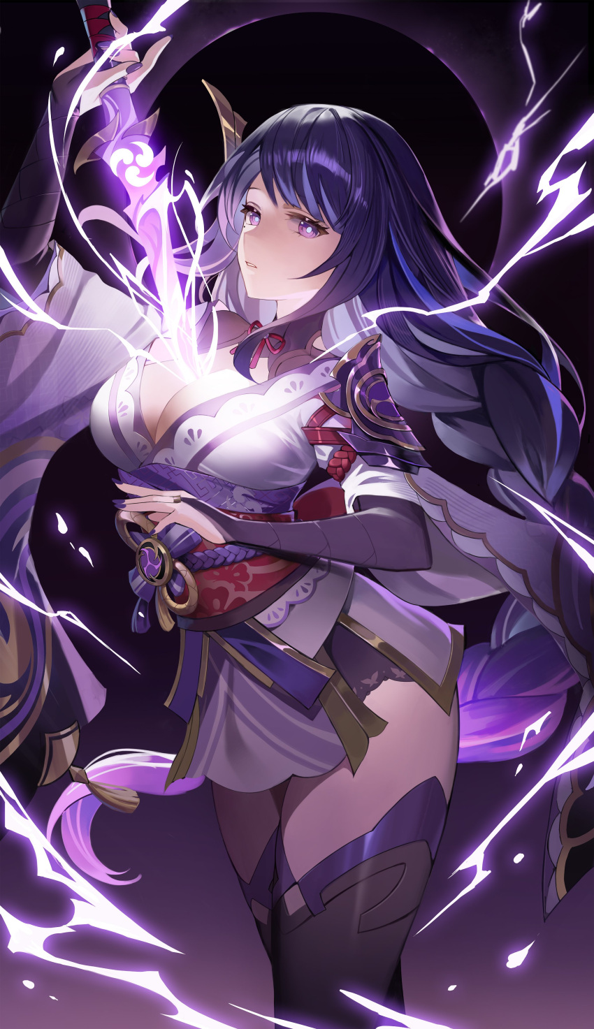 absurdres armor blush braid breasts bridal_gauntlets bright_pupils chungla cleavage electricity female genshin_impact hair_ornament highres holding human_scabbard japanese_clothes kimono large_breasts long_hair looking_at_viewer low-braided_long_hair low-tied_long_hair mole mole_under_eye musou_isshin_(genshin_impact) obi purple_eyes purple_hair purple_kimono raiden_shogun sash shoulder_armor solo tassel thick_thighs thighhighs thighs