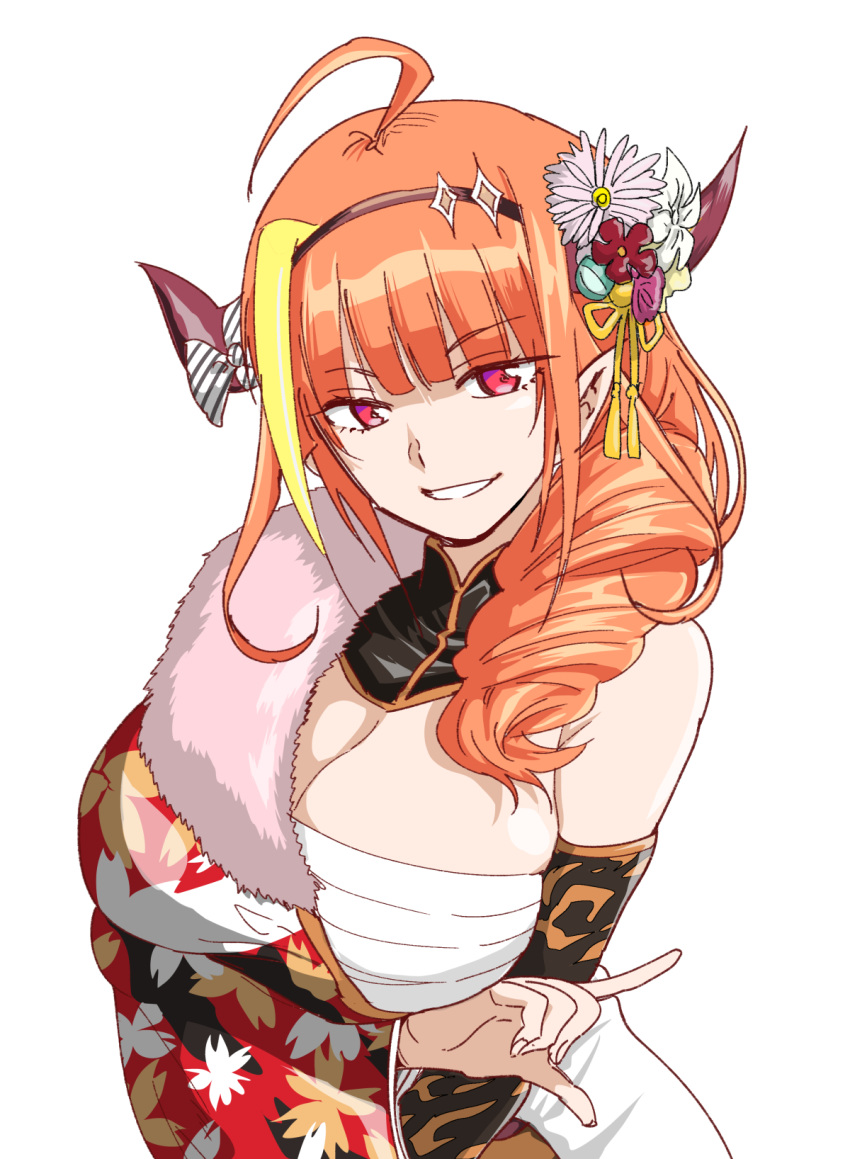 ahoge arm_under_breasts bandages bare_shoulders black_hairband blonde_hair blunt_bangs bow breasts cleavage detached_collar detached_sleeves diagonal-striped_bow diagonal_stripes dragon_girl dragon_horns drill_hair female floral_print flower hair_flower hair_ornament hair_over_shoulder hairband highres hololive horn_bow horn_flower horn_ornament horns index_finger_raised japanese_clothes kanzashi kimono kiryu_coco kiryu_coco_(new_year) large_breasts long_sleeves looking_at_viewer medium_hair multicolored_hair off_shoulder official_alternate_costume orange_hair pointy_ears red_eyes red_kimono sarashi side_drill side_ponytail simple_background skindentation smile solo streaked_hair striped striped_bow taguchi_kenji_(omaep) upper_body virtual_youtuber white_background wide_sleeves