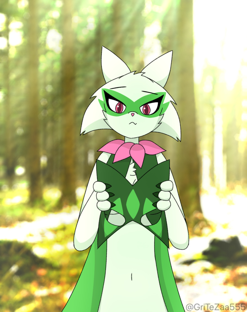 aika detailed_background domestic_cat eyeshadow felid feline felis female florest fur generation_9_pokemon green_body green_fur gritezaa555_(artist) hi_res makeup mammal mas mask meowscarada nintendo pink_eyes pink_nose plant pokemon pokemon_(species) red_eyes solo tree unmasking