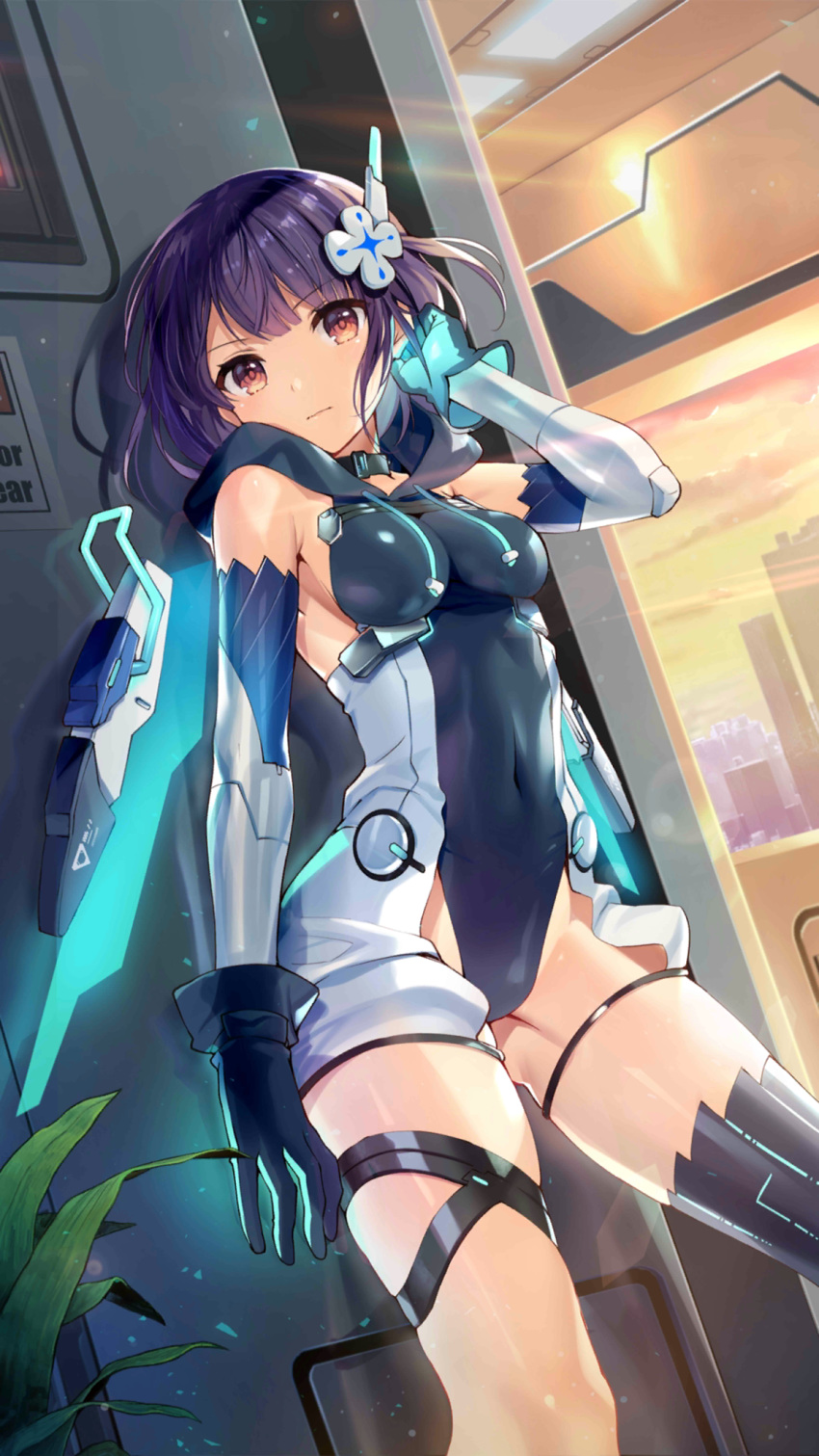 arm_up armpit_crease bare_shoulders black_gloves black_thighhighs bodysuit breasts closed_mouth covered_navel female girl_cafe_gun gloves hair_ornament highres iritoa looking_at_viewer mechanical_wings medium_breasts official_art purple_hair red_eyes shi_wuyou short_hair single_thighhigh sleeveless solo standing thigh_strap thighhighs thighs wings