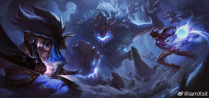 1other 2boys 3girls absurdres ahri_(league_of_legends) animal_ears arm_tattoo artist_name attack battle bilgewater_(league_of_legends) black_hair blue_eyes creature dust energy_ball facial_tattoo fighting fingerless_gloves forest fox_ears fox_girl fox_tail gloves glowing glowing_eyes glowing_mouth glowing_weapon green_eyes gun highres holding holding_gun holding_sword holding_weapon iamxsit illaoi incoming_attack jumping league_of_legends long_hair maokai mask miss_fortune_(league_of_legends) mouth_mask multiple_boys multiple_girls muscular muscular_male nature open_mouth outdoors ponytail prestige_inkshadow_yasuo pyke_(league_of_legends) rock shadow_isle_(league_of_legends) standing sword tail tattoo tree weapon yasuo_(league_of_legends)