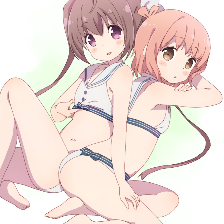 2girls back-to-back bad_feet barefoot bikini blush blush_stickers brown_eyes brown_hair commentary flat_chest highres hiroki_(yyqw7151) ichinose_hana long_hair momochi_tamate multiple_girls navel orange_hair purple_eyes sailor_bikini sailor_collar short_hair simple_background slow_start swimsuit twintails