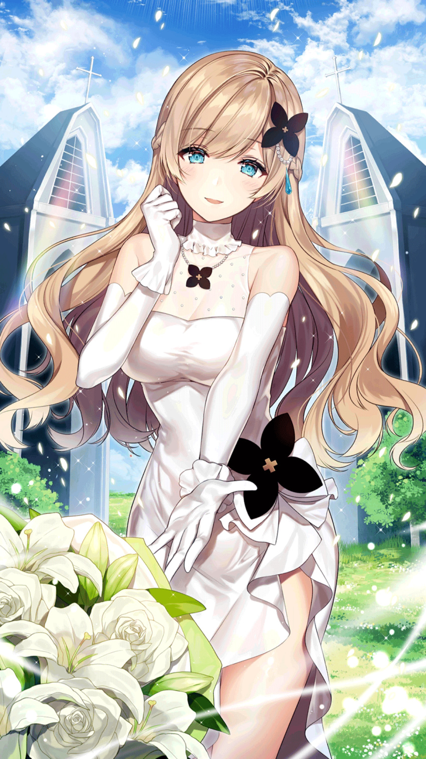 :d aqua_eyes blue_sky blush braid breasts church cloud cowboy_shot cross day dress elbow_gloves female floating_hair flower girl_cafe_gun gloves grainne_draser_(girl_cafe_gun) hair_flower hair_ornament highres jewelry large_breasts light_brown_hair long_hair looking_at_viewer necklace necomi official_art open_mouth outdoors outstretched_hand petals reaching reaching_towards_viewer rose sidelocks sky smile solo white_dress white_flower white_gloves white_lily white_rose