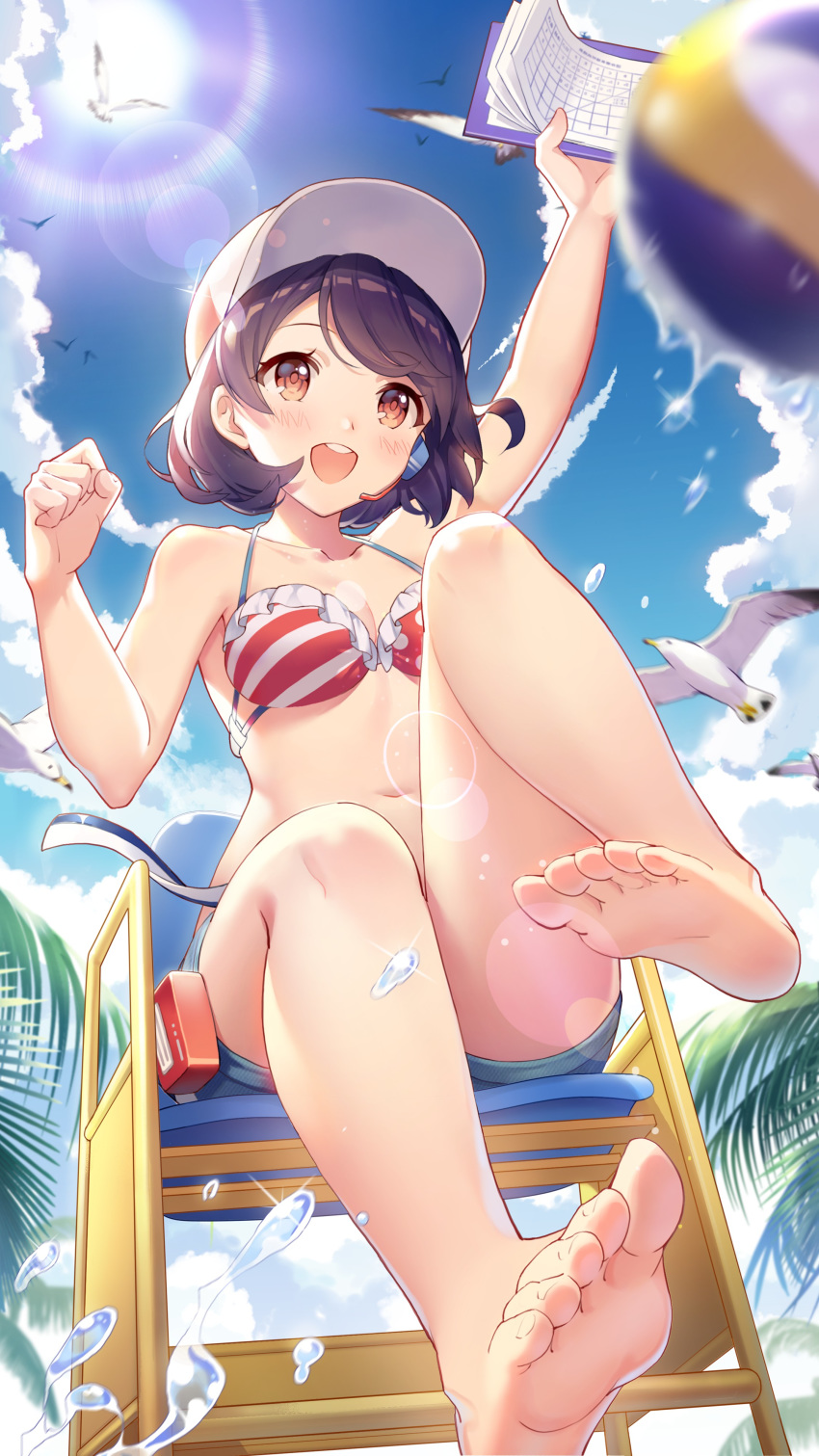 :d absurdres animal arm_up bare_arms bare_shoulders barefoot baseball_cap bikini bikini_top_only bird breasts cloud collarbone day denim denim_shorts feet female frills girl_cafe_gun halterneck hand_up hat highres lens_flare lifeguard_chair lu_lizi medium_breasts motion_blur navel official_art open_mouth outdoors purple_hair red_eyes shi_wuyou short_hair short_shorts shorts sitting sky smile soles solo stomach striped_bikini striped_clothes sun sunlight swimsuit thighs toes volleyball water