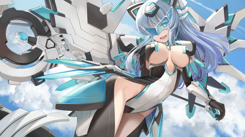 :d armor black_gloves black_leotard blue_background blue_eyes blue_hair blue_leotard blue_sky breasts cleavage clothing_cutout cloud cloudy_sky commentary_request commission cowboy_shot detached_sleeves dutch_angle energy_wings female gloves hair_ornament head-mounted_display highres holding holding_staff horns kami_jigen_game_neptune_v kiseijou_rei kiseijou_rei_(goddess_form) large_breasts leotard long_hair looking_at_viewer mechanical_gloves mechanical_horns mechanical_wings multicolored_hair multicolored_leotard neptune_(series) pauldrons purple_hair shoulder_armor skeb_commission sky smile solo staff sunga2usagi sunlight symbol-shaped_pupils thigh_cutout underboob white_leotard wings