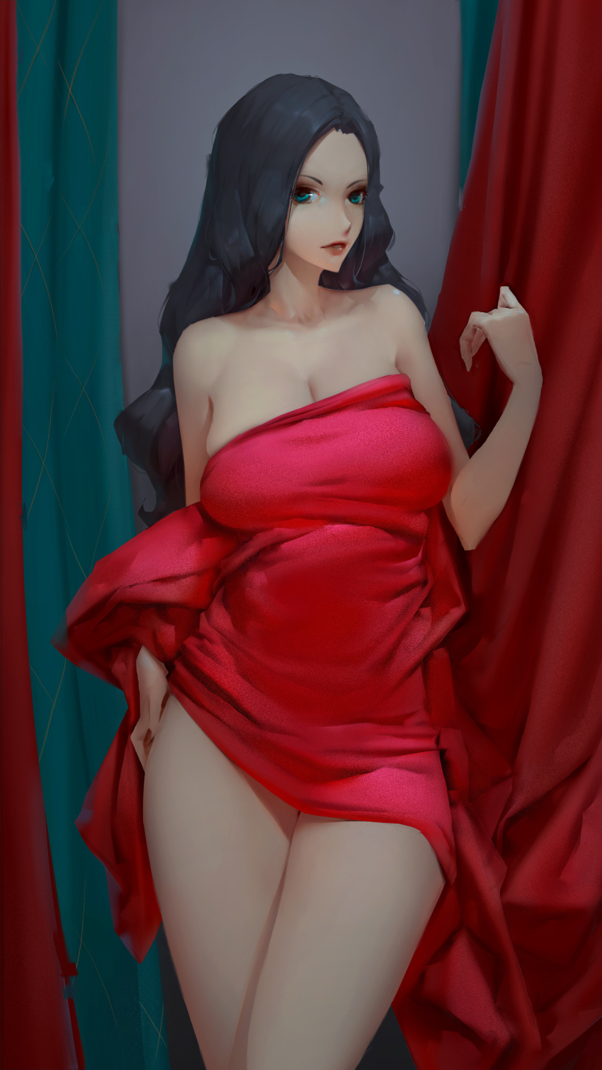 2021 absurdres arm_up b.bor black_hair blue_eyes breasts cleavage curtains female hand_on_own_hip highres large_breasts long_hair looking_at_viewer original red_curtains solo standing