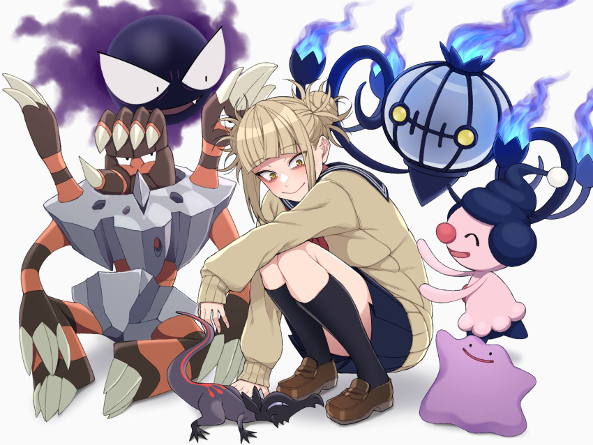 barbaracle blonde_hair boku_no_hero_academia chandelure ditto double_bun female gastly hair_bun highres kobaji long_sleeves mime_jr. oerba_yun_fang pokemon pokemon_(creature) salandit school_uniform serafuku short_hair sidelocks simple_background skirt toga_himiko touching_another's_back white_background yellow_eyes