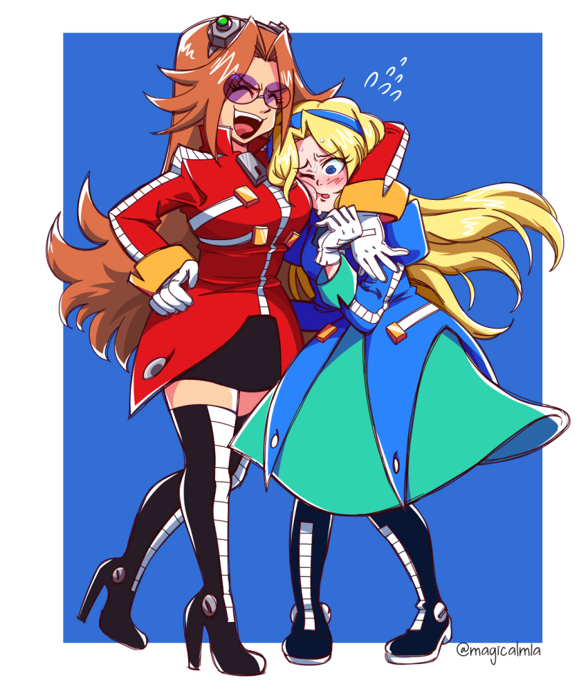 2girls :d @_@ black_skirt blonde_hair blue_coat blue_eyes blush boots breasts closed_eyes coat cousins dr._eggman dress eggmaam flying_sweatdrops genderswap_(mtf) glasses gloves green_dress hand_on_own_hip high_heel_boots high_heels highres laughing long_hair magicalm1a maria_robotnik multiple_girls orange_hair purple-tinted_eyewear red_coat round_eyewear rule_63 skirt smile sonic_(series) sunglasses thighhighs tinted_eyewear white_gloves