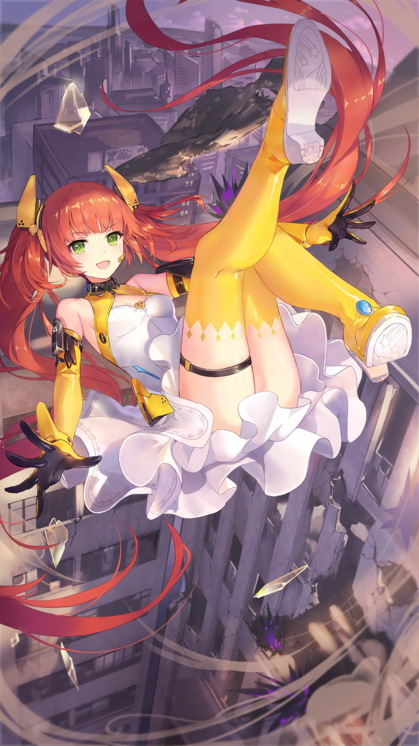 :d absurdres armpits bare_shoulders boots breasts building criin crystal dress elbow_gloves female girl_cafe_gun gloves green_eyes hair_ornament highres legs_up long_hair looking_at_viewer midair official_art open_mouth orange_hair rococo_(girl_cafe_gun) sleeveless sleeveless_dress small_breasts smile solo thigh_boots thigh_strap thighhighs thighs twintails very_long_hair white_dress yellow_footwear