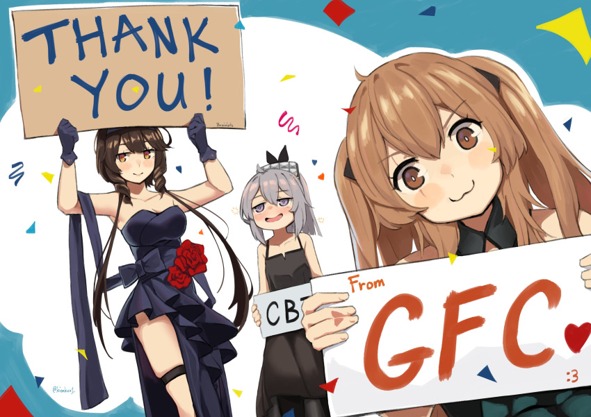 3girls :3 absurdres black_dress bow brown_eyes brown_hair dress english_commentary english_text girls'_frontline gloves grey_hair hair_ornament hairbow highres holding holding_sign kion-kun m200_(girls'_frontline) m200_(war_correspondent)_(girls'_frontline) multiple_girls official_alternate_costume open_mouth purple_eyes scar scar_across_eye scar_on_face second-party_source sign smile strapless strapless_dress twitter_username type_79_(fox_steps_under_star_night)_(girls'_frontline) type_79_(girls'_frontline) ump9_(girls'_frontline) ump9_(the_world's_melody)_(girls'_frontline)