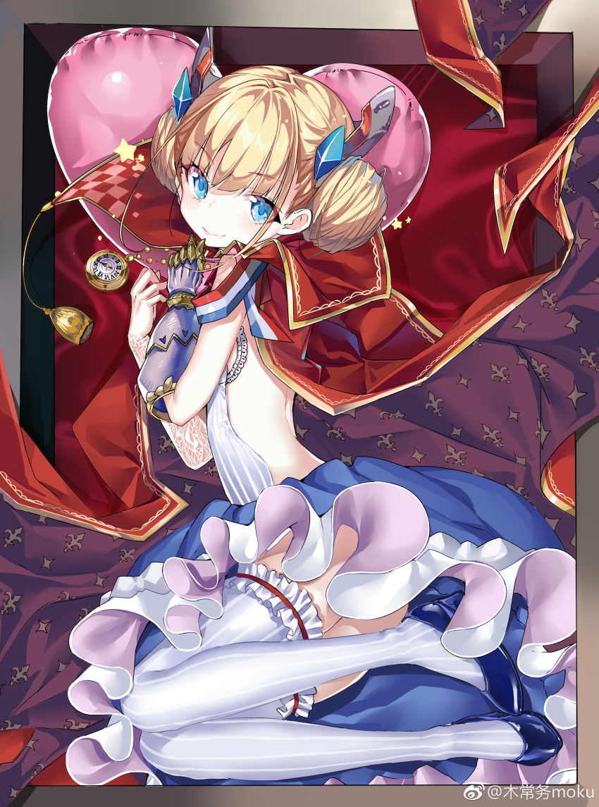 absurdres artist_name ass azur_lane backless_dress backless_outfit bare_back black_footwear blonde_hair blue_eyes blue_footwear blue_skirt blush box breasts cape clock closed_mouth commentary_request diamond_(shape) double_bun dress epaulettes female frilled_dress frilled_skirt frilled_thighhighs frills from_side full_body gauntlets gloves gold_trim hair_between_eyes hair_bun hair_ornament hands_up head_tilt headgear heart heart-shaped_pillow high_heels highres holding in_box in_container jewelry kikimi le_triomphant_(azur_lane) long_hair looking_at_viewer looking_to_the_side lying multicolored_clothes on_side pendant_watch pillow pleated_skirt pocket_watch purple_cape red_cape roman_numeral shoes sideless_outfit sidelocks single_gauntlet single_glove skirt sleeveless sleeveless_dress small_breasts smile solo star_(symbol) striped_clothes striped_thighhighs thighhighs two-sided_cape two-sided_fabric v-shaped_eyebrows vertical-striped_clothes vertical-striped_thighhighs watch watermark white_thighhighs