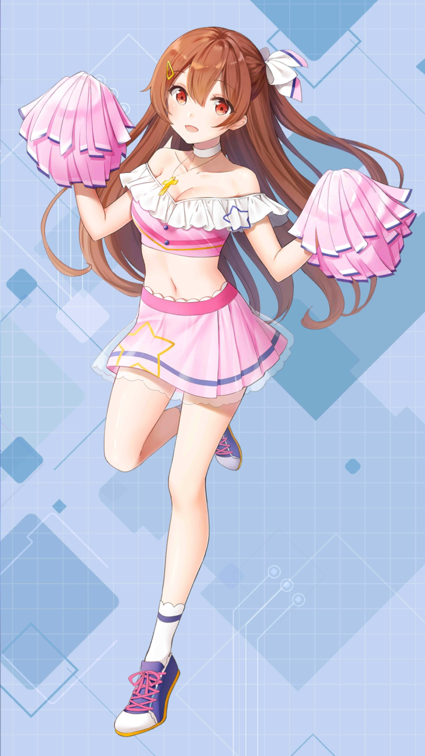 bare_legs bare_shoulders blush breasts brown_hair cheerleader choker cleavage collarbone crop_top female full_body girl_cafe_gun hair_ornament hair_ribbon hairclip hands_up highres holding holding_pom_poms irene_white_(girl_cafe_gun) jewelry kinako_(shiratama_mochi) leg_up long_hair looking_at_viewer medium_breasts midriff miniskirt navel necklace oerba_yun_fang off-shoulder_shirt off_shoulder official_art one_side_up open_mouth pink_shirt pink_skirt pleated_skirt pom_pom_(cheerleading) red_eyes ribbon shirt shoes skirt smile sneakers socks solo white_choker white_socks