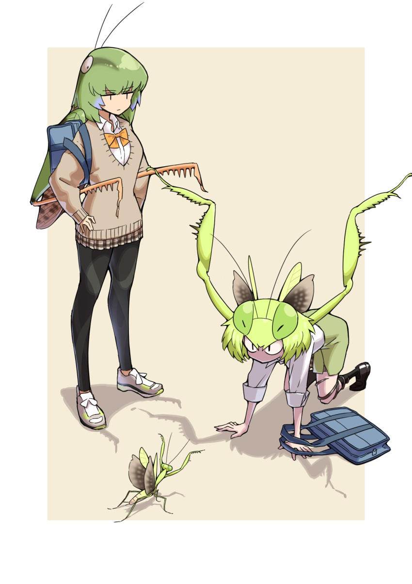 2girls all_fours arthropod_girl bag bug cardigan commentary_request evolvingmonkey full_body grasshopper_inoue green_hair hands_on_own_hips highres leggings mantis_akiyama multiple_girls original parasite praying_mantis school_bag school_uniform simple_background standing worm