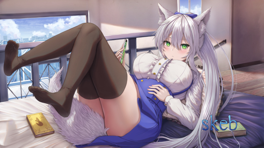 animal_ears bed black_thighhighs blush book borrowed_character bow breasts buran_(22x) cellphone center_frills cityscape commission dress feet female fox_ears fox_tail frills full_body green_eyes grey_hair hair_between_eyes hairbow highres indoors knees_together_feet_apart knees_up large_breasts legs_up long_hair long_sleeves looking_at_viewer lying no_shoes on_back original parted_lips phone pillow pink_nails ponytail sidelocks skeb_commission slit_pupils smartphone soles solo tail taut_clothes taut_dress thick_thighs thighhighs thighs toes tsurime underbust very_long_hair zettai_ryouiki