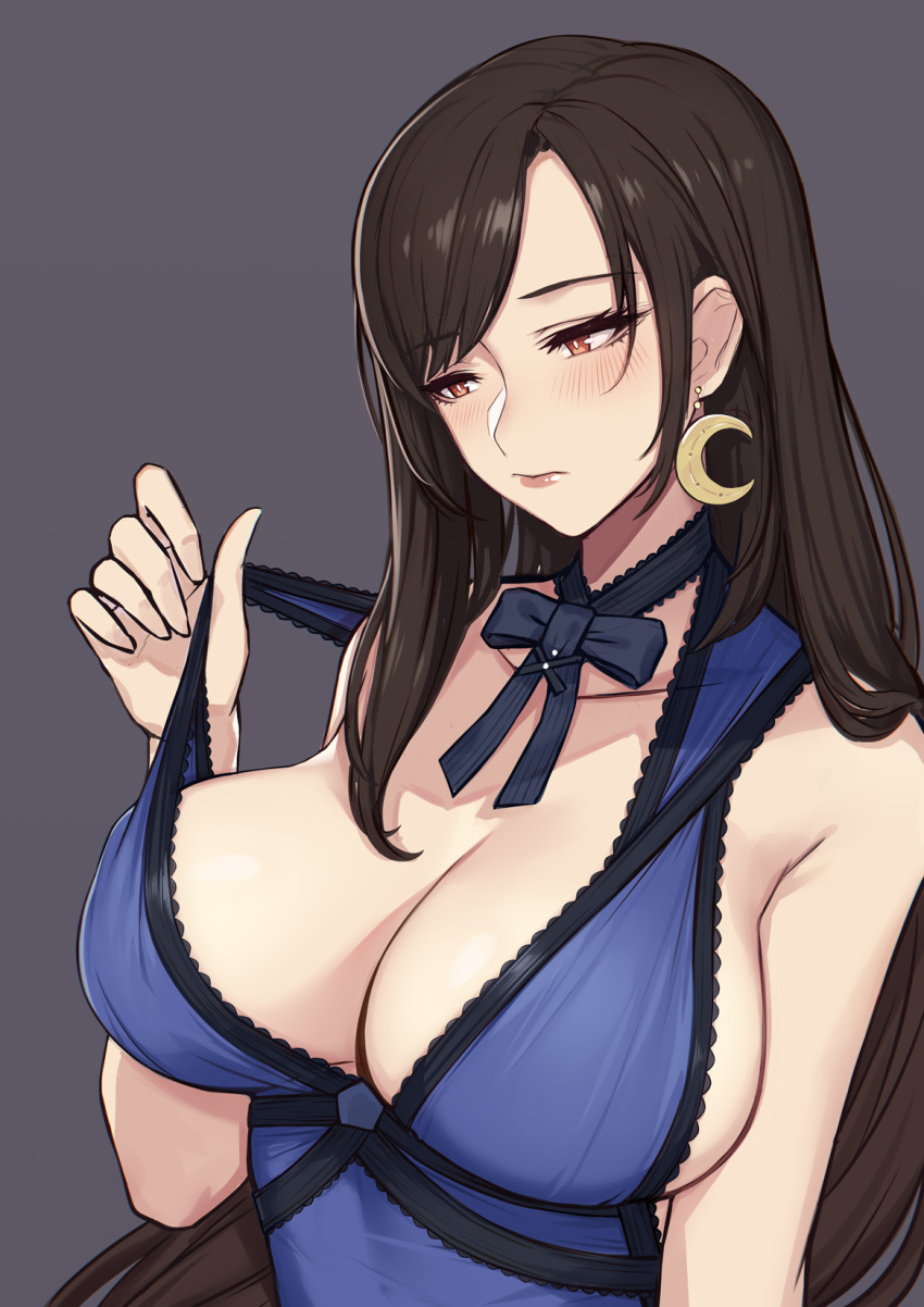 bangs bare_shoulders blue_dress blush breasts brown_eyes brown_hair cleavage closed_mouth collarbone dress evan_yang female final_fantasy final_fantasy_vii final_fantasy_vii_remake grey_background highres large_breasts long_hair looking_to_the_side simple_background solo swept_bangs tifa_lockhart