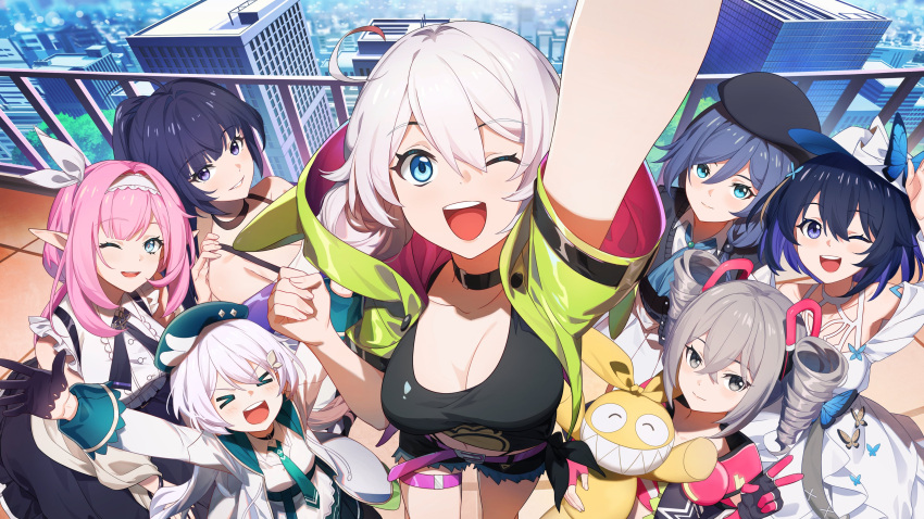 >_< 6+girls ^_^ absurdres bare_legs bare_shoulders beret black_gloves black_hair black_skirt black_tank_top blue_eyes blue_hair breasts bronya_zaychik bronya_zaychik_(dimension_breaker) building cleavage closed_eyes closed_mouth day dress drill_hair elysia_(honkai_impact) floor fu_hua gloves green_jacket green_necktie grey_eyes grey_hair hair_between_eyes hand_on_another's_shoulder hat highres homu_(honkai_impact) honkai_(series) honkai_impact_3rd jacket jumping kiana_kaslana kiana_kaslana_(knight_moonbeam) large_breasts long_hair long_sleeves looking_at_viewer medium_breasts miaotai_miota multiple_girls necktie official_alternate_costume official_art official_wallpaper open_mouth outdoors outstretched_hand pink_hair pointy_ears ponytail raiden_mei raiden_mei_(valkyrie_bladestrike) second-party_source seele_vollerei seele_vollerei_(swallowtail_phantasm) shirt short_hair short_shorts shorts skirt sleeveless sleeveless_shirt small_breasts smile standing taking_picture tank_top teeth theresa_apocalypse theresa_apocalypse_(twilight_paladin) tree upper_teeth_only v waving white_dress white_headwear