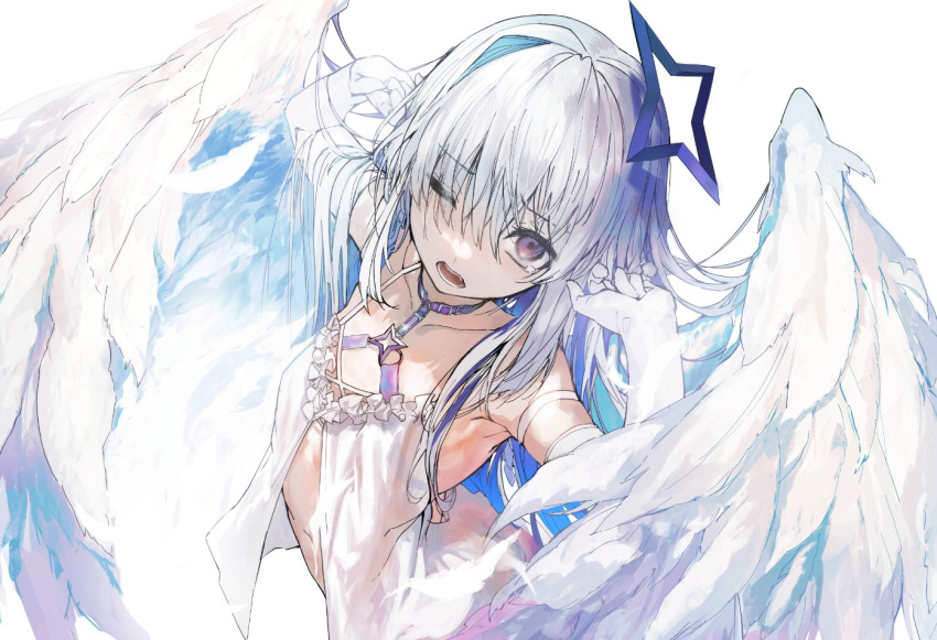 akieda alternate_costume alternate_hairstyle amane_kanata angel_wings asymmetrical_bangs blue_hair colored_inner_hair elbow_gloves female gloves grey_hair hair_between_eyes hair_over_one_eye halo hololive long_hair looking_at_viewer multicolored_hair one_eye_closed open_mouth purple_eyes shirt simple_background single_hair_intake solo star_halo upper_body virtual_youtuber white_background white_gloves white_shirt wings