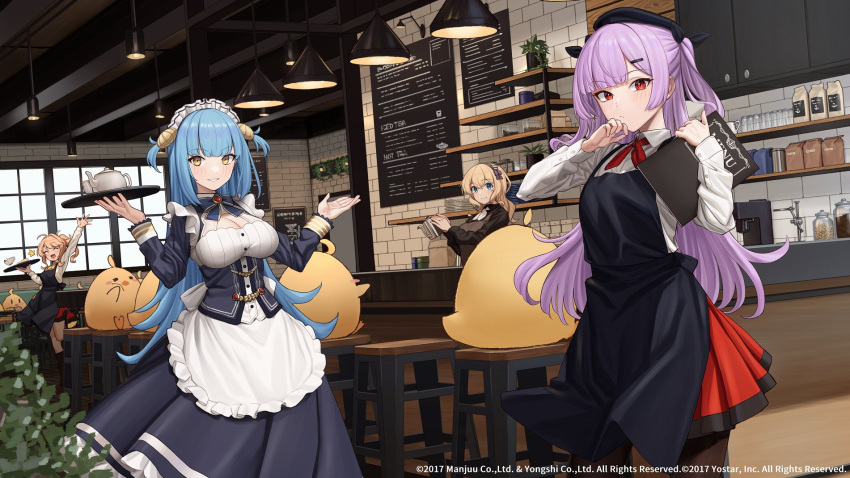 4girls achilles_(azur_lane) ajax_(azur_lane) apron arm_up azur_lane black_apron black_dress black_headwear blue_eyes blue_hair breasts brown_apron brown_pantyhose brown_sweater clam_shell cleavage cleavage_cutout clothing_cutout collared_shirt commentary_request day dress fake_antlers frilled_apron frilled_hairband frills hairband highres holding holding_kettle holding_menu holding_tray indoors kettle lamp large_breasts leander_(azur_lane) light_brown_hair long_hair long_sleeves looking_at_viewer maid maid_apron maid_headdress manjuu_(azur_lane) menu michihasu multiple_girls neptune_(azur_lane) official_alternate_costume official_art pantyhose purple_hair red_eyes red_ribbon red_skirt ribbon shelf shell_hair_ornament shirt skirt standing star_(symbol) sweater tray two-tone_skirt underbust white_apron white_shirt yellow_eyes