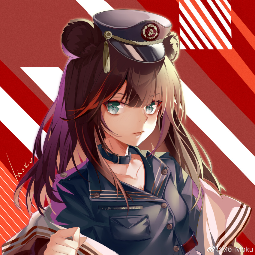 absurdres animal_ears aqua_eyes arknights bear_ears black_hat black_shirt brown_hair buttons choker closed_mouth collarbone commentary_request female frown hat highres kikimi long_hair looking_at_viewer multicolored_hair off_shoulder official_alternate_costume peaked_cap shirt solo streaked_hair striped striped_background upper_body wing_collar zima_(arknights) zima_(ready_to_go)_(arknights)