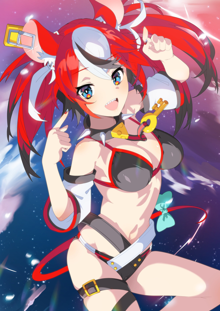 absurdres animal_ears aqua_bow bikini black_bikini black_collar black_hair blue_eyes bow breasts cleavage collar commentary_request female gorimaro hakos_baelz highres hololive hololive_english large_breasts looking_at_viewer midriff mouse_ears mouse_girl mouse_tail multicolored_hair navel open_mouth red_hair red_tail sharp_teeth sidelocks skindentation solo spiked_collar spikes streaked_hair swimsuit tail tail_bow tail_ornament teeth twintails upper_body virtual_youtuber white_hair