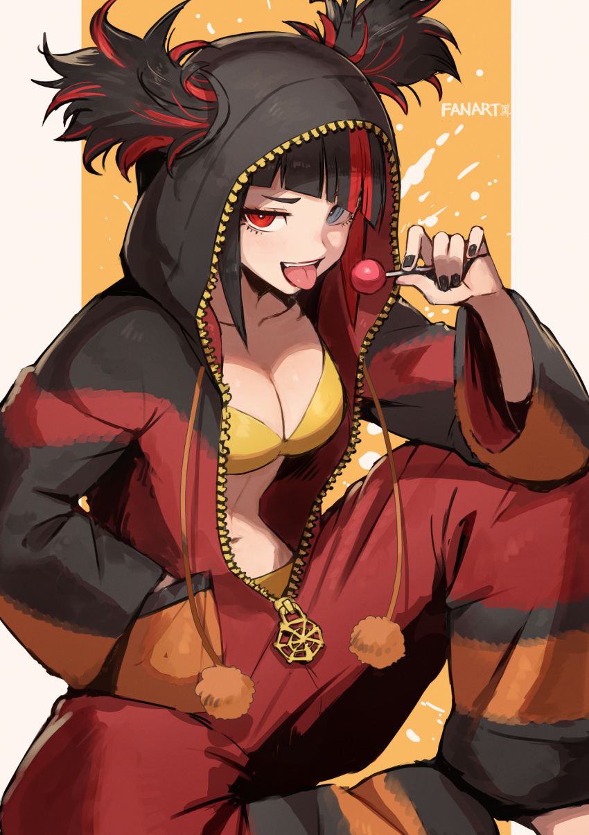 black_hair black_nails black_pajamas breasts candy capcom_cup cleavage commentary_request female fingernails food full-length_zipper gold_bra grey_eyes hair_through_hood heterochromia highres holding holding_candy holding_food holding_lollipop hood hood_up hooded_pajamas jacket juri_han kuroi_susumu lollipop looking_at_viewer medium_breasts multicolored_hair nail_polish official_alternate_color official_alternate_costume official_alternate_hairstyle onesie open_mouth orange_background pajamas pink_background red_eyes red_hair red_jacket red_pajamas sitting solo street_fighter street_fighter_6 teeth tongue tongue_out twintails two-tone_background two-tone_hair two-tone_pajamas unzipped upper_teeth_only zipper zipper_pull_tab