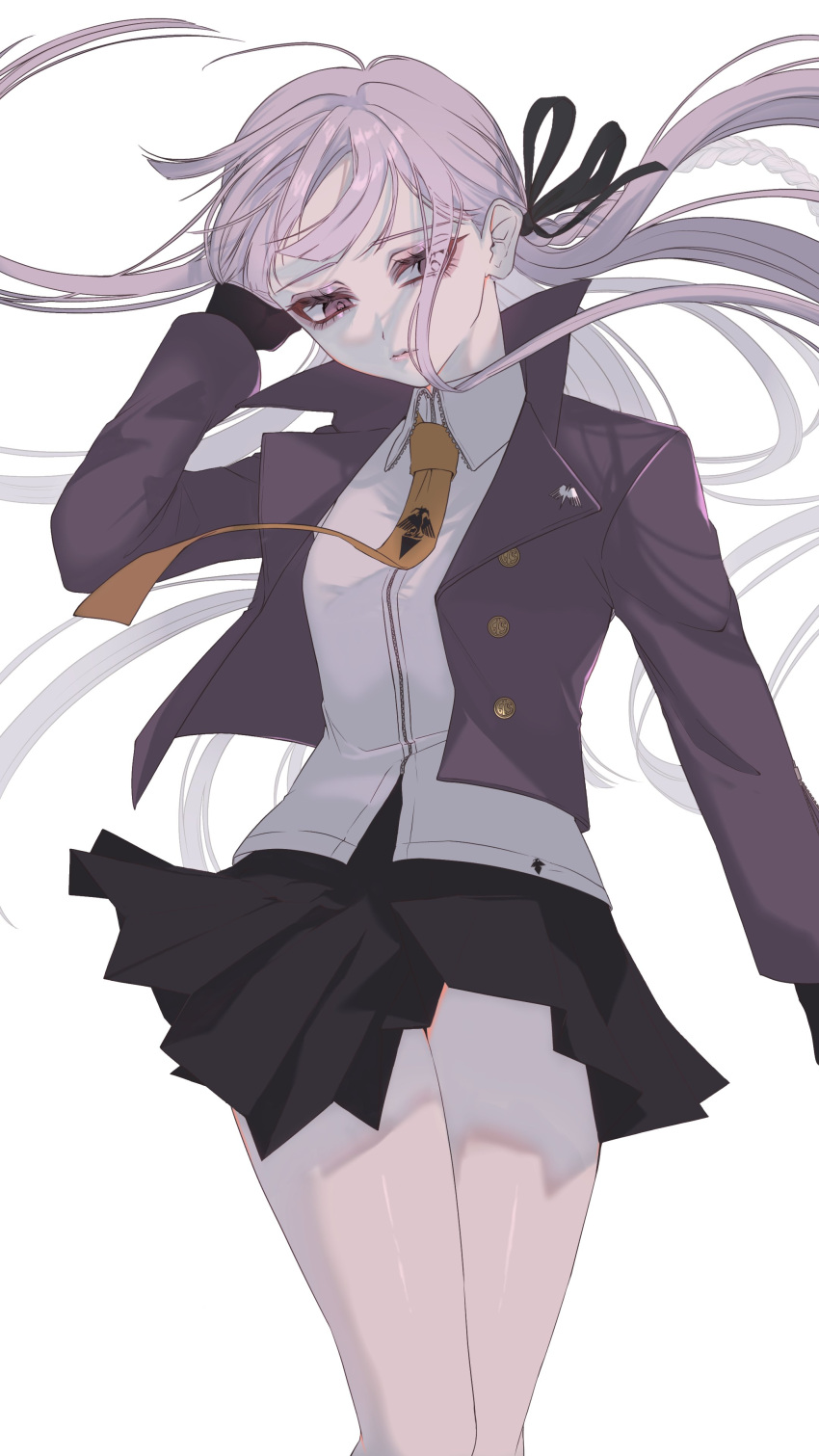 absurdres black_gloves black_ribbon braid brown_eyes clothes_lift collared_shirt danganronpa:_trigger_happy_havoc danganronpa_(series) female floating_hair gloves grey_hair hair_ribbon hand_in_own_hair hand_up highres jacket kirigiri_kyoko long_hair long_sleeves looking_at_viewer mi_loveyouuu necktie open_clothes ribbon shiny_skin shirt side_braid single_braid skirt skirt_lift solo