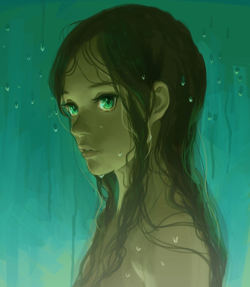 aonuma_neiru aqua_background bare_shoulders dark-skinned_female dark_skin expressionless eyelashes female gradient_background green_background green_eyes green_theme highres jya_yan lips long_hair looking_ahead looking_at_viewer messy_hair nose nude parted_lips portrait solo wet wonder_egg_priority