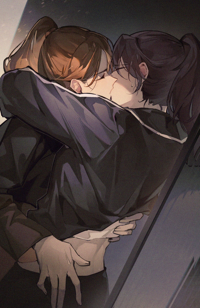 2girls akechi_(826988799) black_hair black_jacket black_pants blush brown_hair chinese_commentary closed_mouth clothes_lift commentary_request from_side high_ponytail highres hug huh_yun-jin jacket jacket_lift k-pop kissing le_sserafim lifting_another's_clothes long_hair long_sleeves multiple_girls nakamura_kazuha pants ponytail real_life shirt shirt_lift sidelocks sweat white_shirt yuri